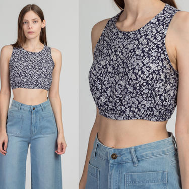 90s Blue Floral Crop Top - Petite Small | Vintage Grunge Fitted Waist Cropped Tank Blouse 