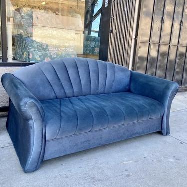 Best Things, Small Packages | 1980s Channeled Back Blue Sofa