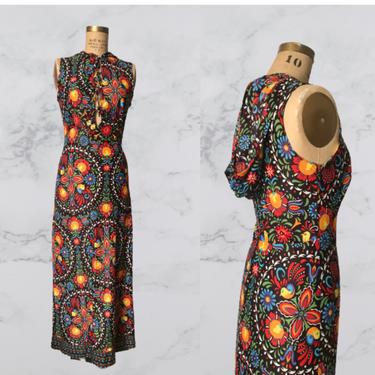1970's Hooded Ornate Floral Maxi Dress 