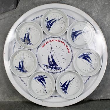 Northeast Harbor Maine Souvenir Tin Tray & Coaster Set in Original Package by Norex, circa 1960s | FREE SHIPPING 