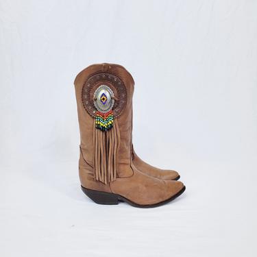 Cuban Heel 1980's Tan Leather Zodiac Fringe Concho Western Cowboy Boots I Sz 8 