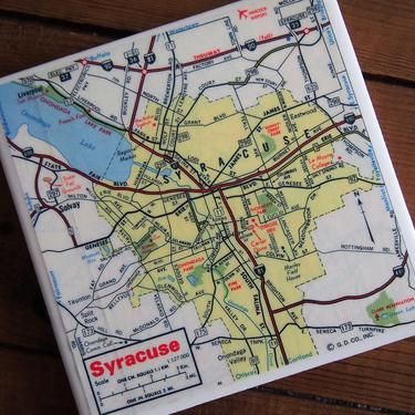 1985 Syracuse New York Vintage Map Coaster - Ceramic Tile - Repurposed 1980s Exxon Road Map - Handmade - Syracuse University NY 