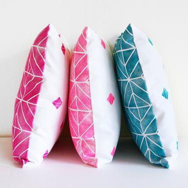 SPECIAL EDITION hand printed geometric throw pillow cover with printed back •  in teal or fuchsia 