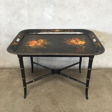 Vintage Hand Painted Tole Tray Table with Bamboo Base