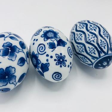 Set of three  Vintage Blue &amp; White Floral Porcelain Eggs 4 1/2&amp;quot; 