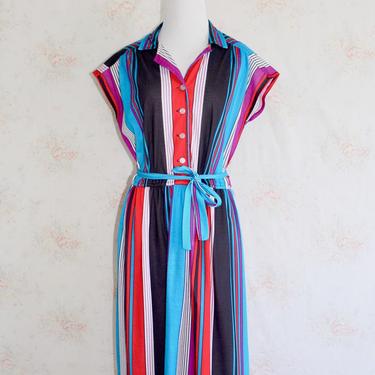 Vintage 70s Striped Dress, 1970s Rainbow Dress, Button Dress, Shirtdress, Day Dress, Midi Dress 