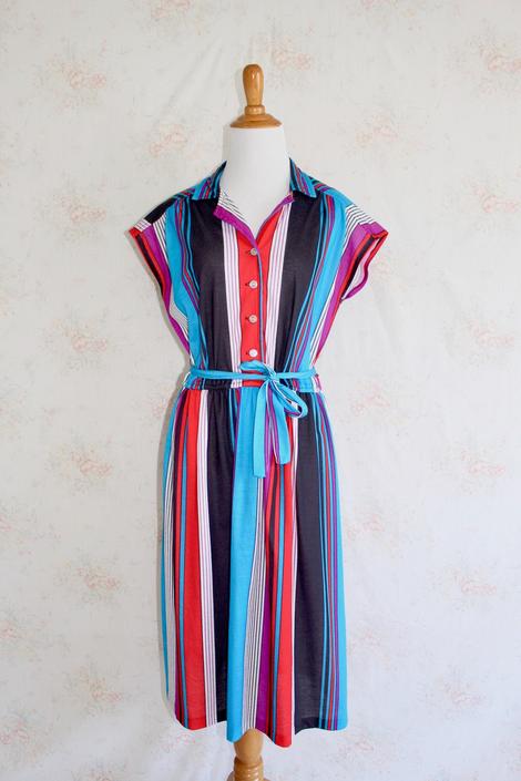 Vintage 1970s Turquoise and Biege Rainbow Striped Dress  L
