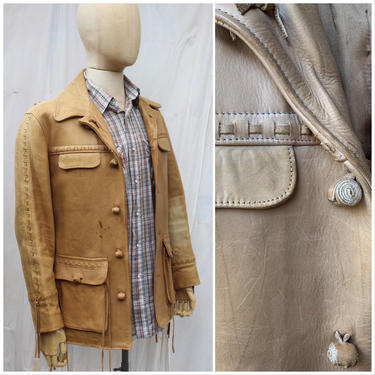 Vtg 70s Buckskin Leather Pioneer Wear Jacket / Unique Fringe Jacket / Mens Medium 