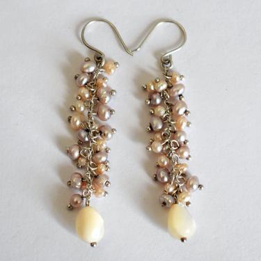 Elegant 70's sterling pearl faceted Mother of Pearl boho dangles, lovely 925 silver pink &amp; cream seed pearls MOP teardrop bride earrings 