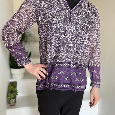 1970s Indian Cotton Purple White and Black Block Printed Long Sleeved Blouse Medium Vintage 