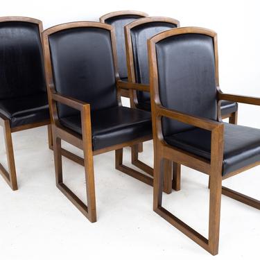 Thomasville Mid Century Walnut and Black Naugahyde Sleigh Leg Dining Chairs - Set of 6 