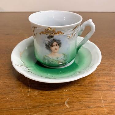 Vintage Hand Painted Portrait Demitasse Tea Cup and Saucer Unmarked 