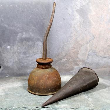 Antique Mini Oil Can and Metal Cone - Rustic Tools - Small Metal Tools - Rusty Metal  | FREE SHIPPING 
