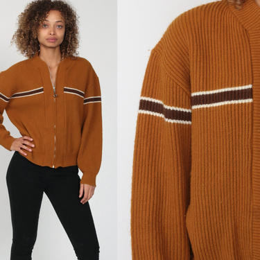 Striped Cardigan Sweater 70s Campus Sweater Brown Sweater Retro Zip Up Sweater Knit Grandpa Boho 1970s Vintage Medium 