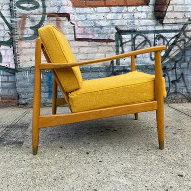 Vintage mid century modern swedish Danish modern lounge chair blonde wood gold cushions folke ohlsson 