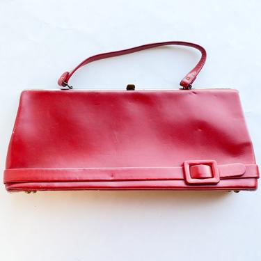 1950s Red Leather Handbag | 50s Red Leather Rectangle Purse 
