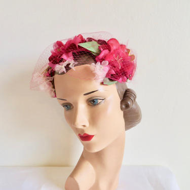 Vintage 1950&#39;s Magenta Pink Velvet Roses Floral Fascinator Hat Velvet Bow Veil Spring Garden Wedding Bridal Party Rockabilly 50&#39;s Millinery 