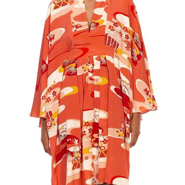 MORPHEW COLLECTION Coral Silk Floral Hand Painted Kaftan Made From 1950’S Japanese Kimono 