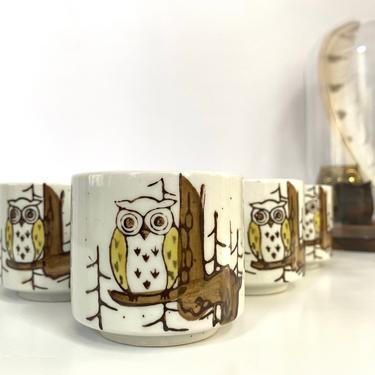 Retro Stoneware Pottery Owl Cups - Set of 6 