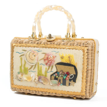 Vintage 1960s Box Purse | 60s Treasure Chest &amp; Fish Novelty Woven Wicker Lucite Handbag | PRINCESS CHARMING by ATLAS 
