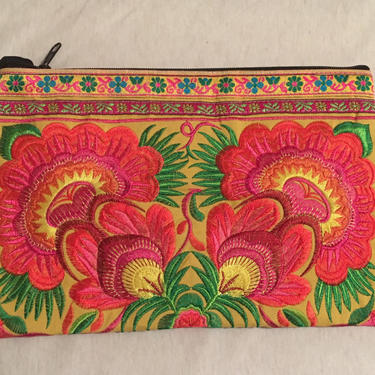 Vibrant Electric Floral Embroidered Clutch / Makeup Bag / Purse Organizer - Thailand 