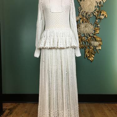 1970s maxi dress, crochet wedding dress, gunne sax style, vintage 70s dress, medium, cottagecore, hand made, prairie dress, victorian style 