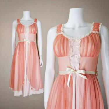 Vintage 50s Chiffon Nightgown, Small / Peachy Pink Slip Dress Lingerie / Ruched Regency Bust Double Layer Gown / Basque Waist Midi Nightgown 