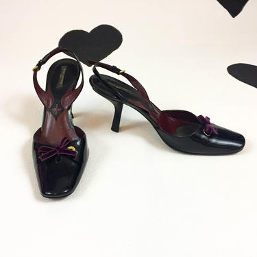 Vintage Louis Vuitton 90's y2k cyber minimal high heels shoes LV Paris designer minimal patent velvet bow slingback pumps 38 7.5 7 1/2 