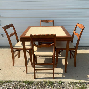5PC Vintage Game Card Table Chairs Dining Wood Dinette Kitchen Bistro Poker Tea Bar Set Mid Century Modern Retro MCM Chinoiserie Chair Set 