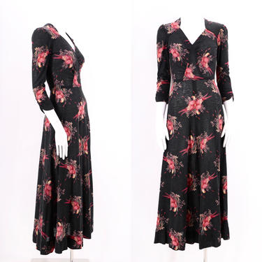 70s black PHEASANT bird print dress sz 5 / vintage 1970s California fitted acrylic midi dress sz S 