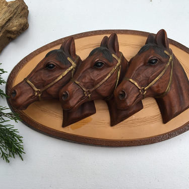 Vintage Horse Head Plaster Wall Plaque, 3 Brown Horse Profiles Wall Hanging, Chestnut Horse Lover 