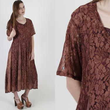 90s Rust Color Lace Grunge Dress / Tie Dye Lace Panel Gothic Dress / See Through Floral Gypsy Full Skirt Maxi Dress 