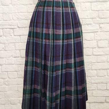Vintage Plaid Wool Pleated Skirt // Blue, Grey, and Green Tartan Circle A-Line 