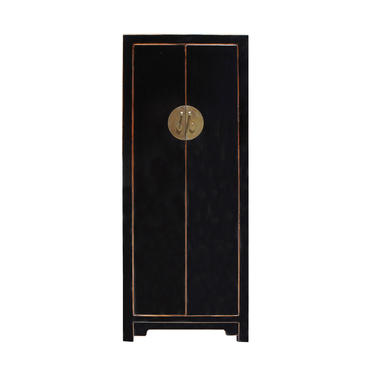 Chinese Oriental Distressed Black Lacquer Moonface Slim Storage Cabinet cs5155E 