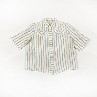 1930s 1940s Rainbow Novelty Stripe Blouse / Traingular Pockets / Large / Blouse / Short Sleeve / Button Details / Heart Emroidery / XL / 