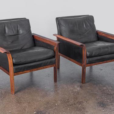 Hans Olsen Leather and Rosewood Lounge Chairs 