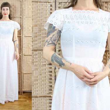 Vintage 70's White Floral Eyelet Maxi Dress / 1970's White Cotton Summer Dress / Women's Size Small by Ru