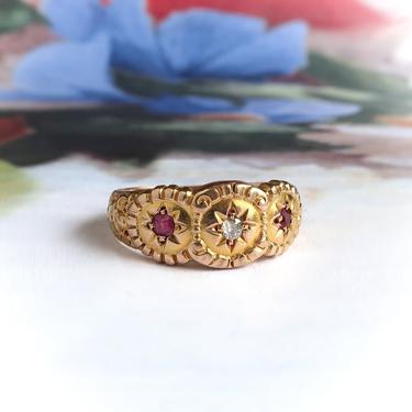 Antique Victorian Diamond Ruby Star-Set Three Stone Gypsy Ring Solid 10k Gold 