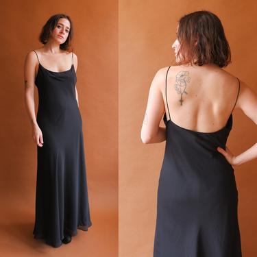 Vintage 90s Black Bias Cut Gown/ 1990s Spaghetti Strap Low Back Dress/ Size Medium 