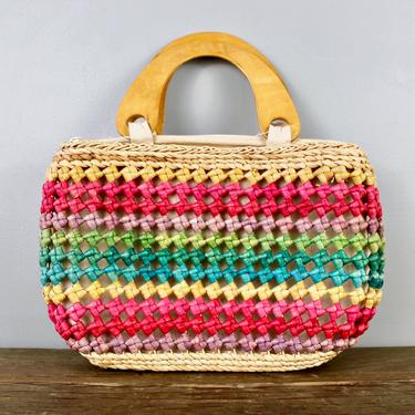 Vintage Summer Straw Handbag Rainbow Multicolor with Round Wooden Handles 