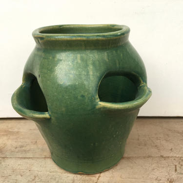 Vintage Green Strawberry Pot, Hen And Chicks Pottery Planter, Unknown Maker, Zanesville Possibly, Garden Pot 