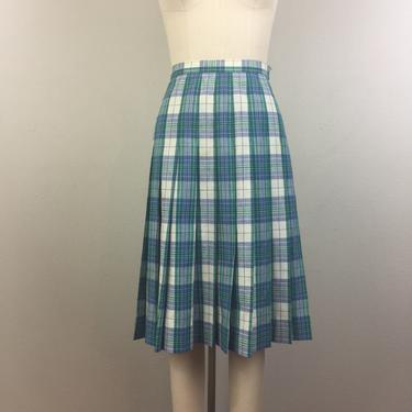 Vintage 80s Blue PLAID Pleated Skirt Schoolgirl Tartan 198s M 