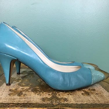 1980s pumps, robins egg blue, vintage 80s shoes, 80s does 50s, 1950s style shoes, vintage high heels, Juliana, size 7 1/2, pointed toe 