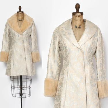 Vintage 90s Silk Brocade Jacket/ 1990s Ivory &amp; Ice Blue Jacquard with Faux Fur Collar Cuffs Coat by luckyvintageseattle