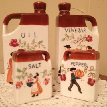 Adorable Vintage 4 Piece Hand Painted Ceramic Oil & Vinegar Bottles/Salt and Pepper Shaker Set 