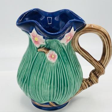 Vintage Jay Willfred Andrea by Sadek, colorful ceramic floral 5&amp;quot; pitcher creamer- Green Blue 
