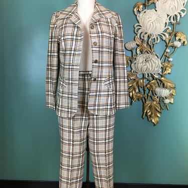 1970s pantsuit, vintage jacket and pants, Pendleton pants suit, 1970s 2 piece set, plaid wool, ivory and brown, size medium, retro pants set 