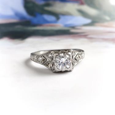 Art Deco .53ctw Old European Cut Diamond Waves and Heart Engagement Ring Platinum 