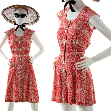 Vintage 1940s Playsuit Set | 40s Two-Piece Romper & Skirt Floral Striped Novelty Print Red Cotton Matching Summer Outfit (x-small/small) 