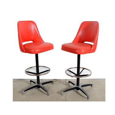 Red Bar Stools Swivel Seats Chrome Mid Century Modern Furniture 